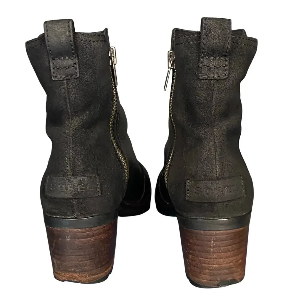 SOREL Cate Bootie Women Sz 7 Black Leather Block Heel Waterproof